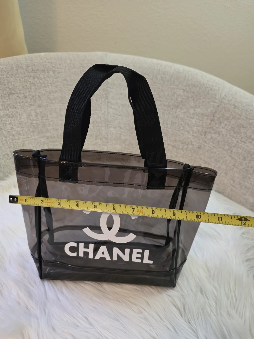 Clear Black Tote Bag with Signature Logo and Scarf Accent